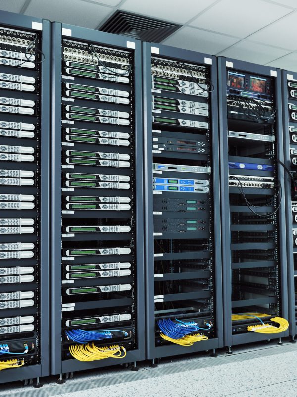 network server room with computers for digital tv ip communications and internet